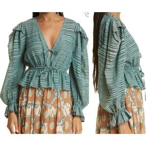 Ulla Johnson Ophelia Striped Peplum Blouse Long Puff Sleeve Tie Teal Blue Size 2
